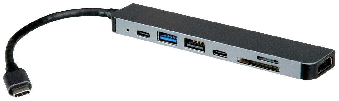 USB-C hub több csatlakozóval, köztük USB-A, USB-C, HDMI és SD-kártyaolvasó. Alkalmas különböző eszközök csatlakoztatására.