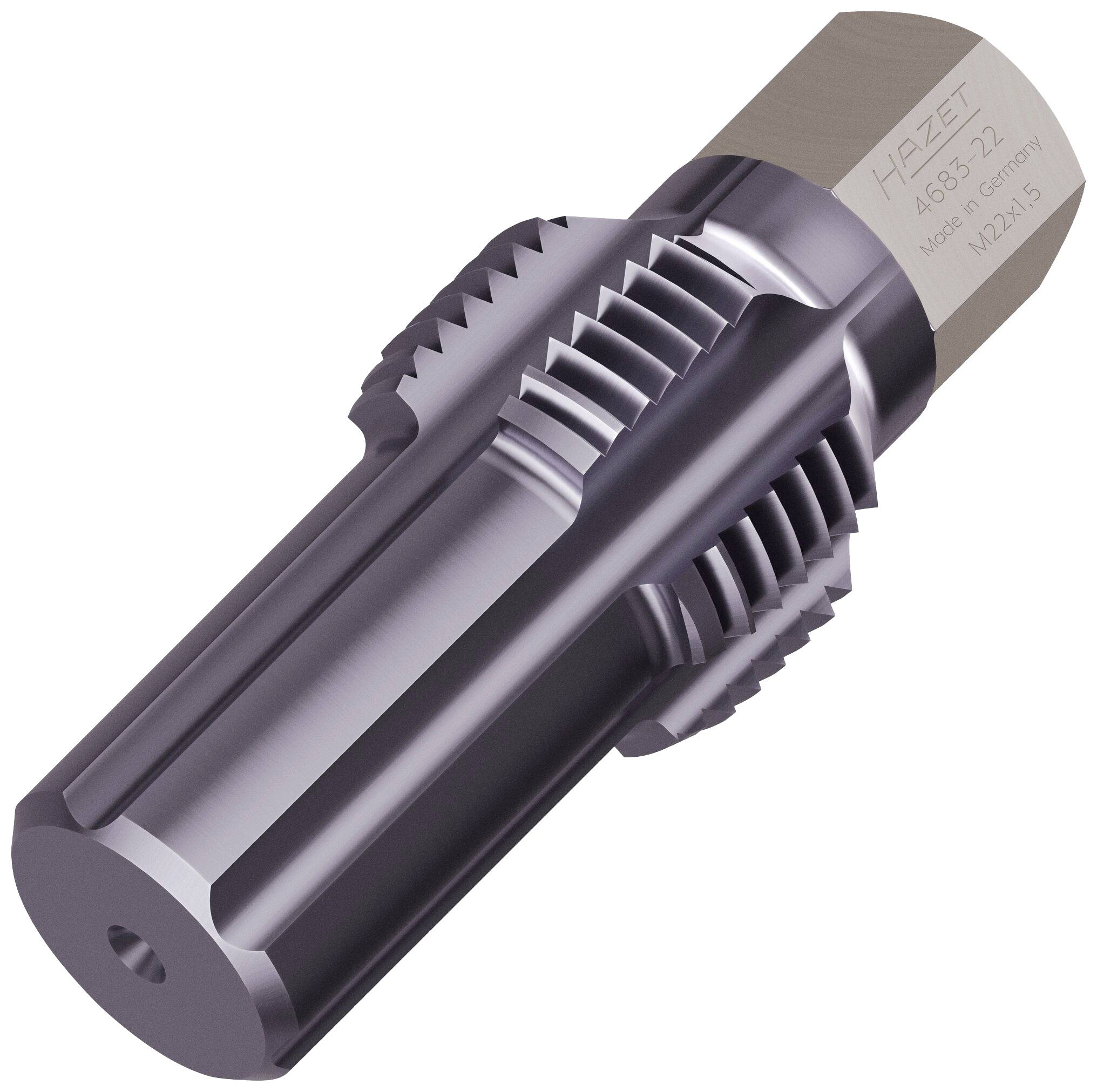 Recézett élű fémvágó szerszám hengeres testtel és gyártói felirattal: 'HAZET 4683-22 Made in Germany M22x1.5'.