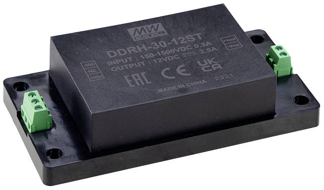 Fekete elektromos modul zöld csatlakozókkal az oldalán. A felirat mutatja: 'Bemenet: 150-1500VDC, Kimenet: -12VDC'.