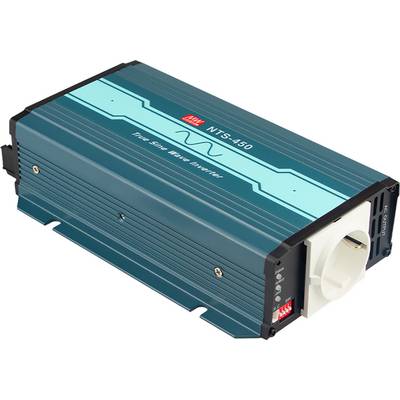 Négyszögletes, kék házban lévő inverter, 'NTS-450' modell, csatlakozóaljzattal és jelzőlámpákkal, egyenáramot váltóárammá alakít át.