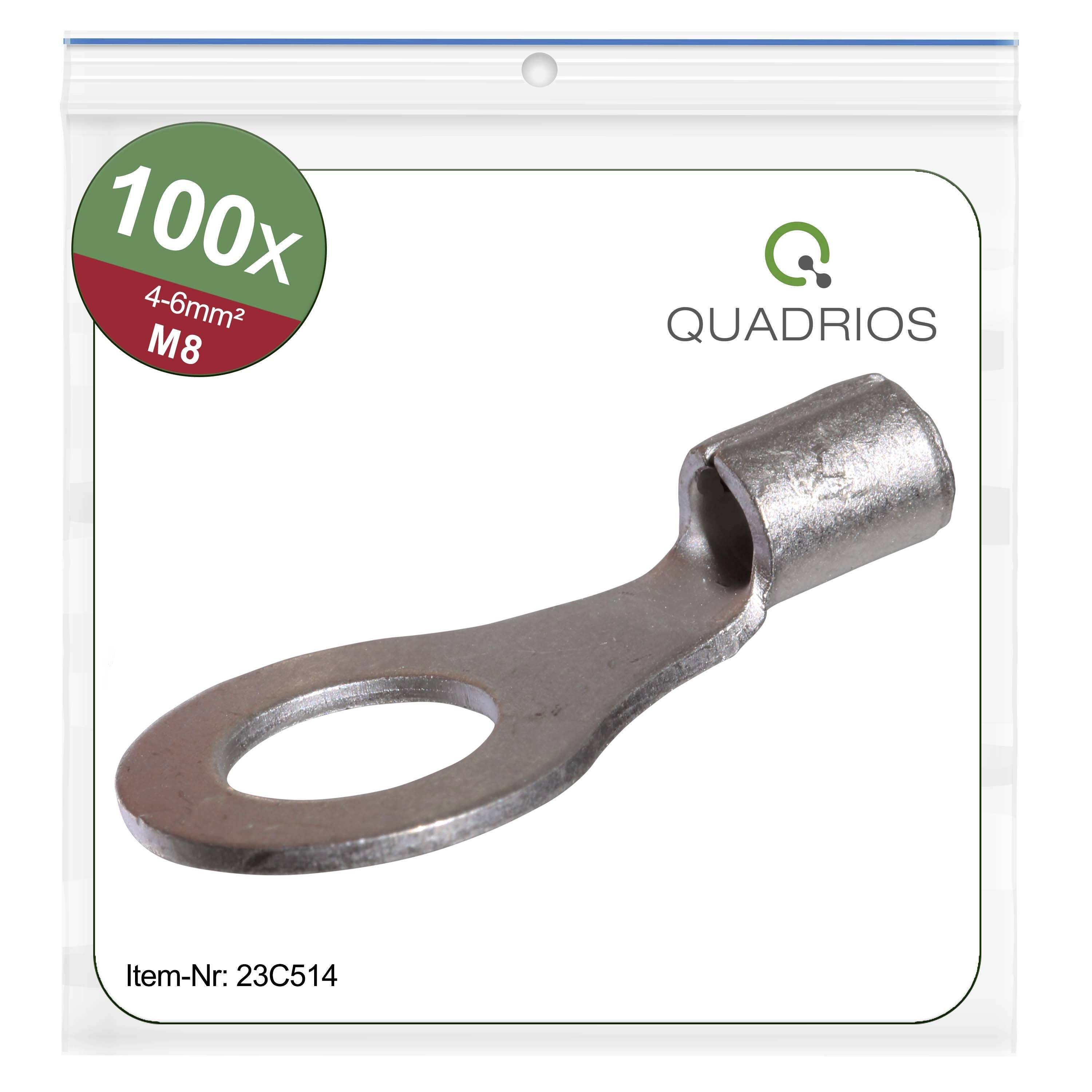 A kép egy 100 darabos gyűrűs kábelsaru-csomagot mutat, amely 4-6 mm² kábelekhez és M8-as méretben alkalmazható, a Quadrios márkától. Cikkszám: 23C514.