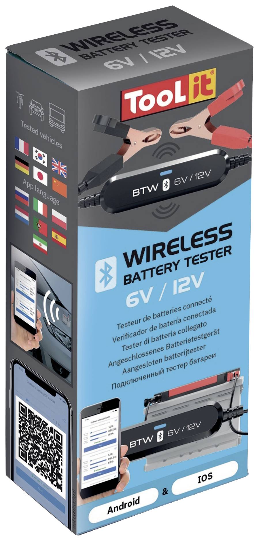 Egy 6V/12V-os vezeték nélküli akkumulátortesztelő csomagolása. Képeket mutat az alkalmazásról és a teszterről. Kompatibilis Android és iOS rendszerekkel.
