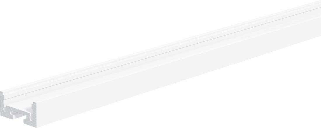 Hosszú fehér LED szalagvilágítási lámpatest, amely átlósan látható fehér háttéren, az egyik végén látható fém rögzítési csatornával.