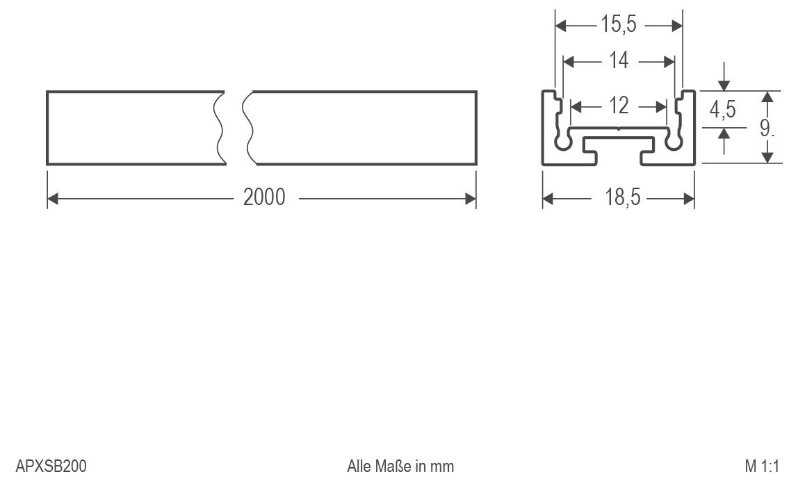 Egyenes téglalap alakú rúd műszaki rajza, mely középen szakadással rendelkezik, hossz 2000 mm, valamint egy keresztmetszeti profil 18,5, 15,5, 14, 12, 9 és 4,5 mm-es méretekkel.