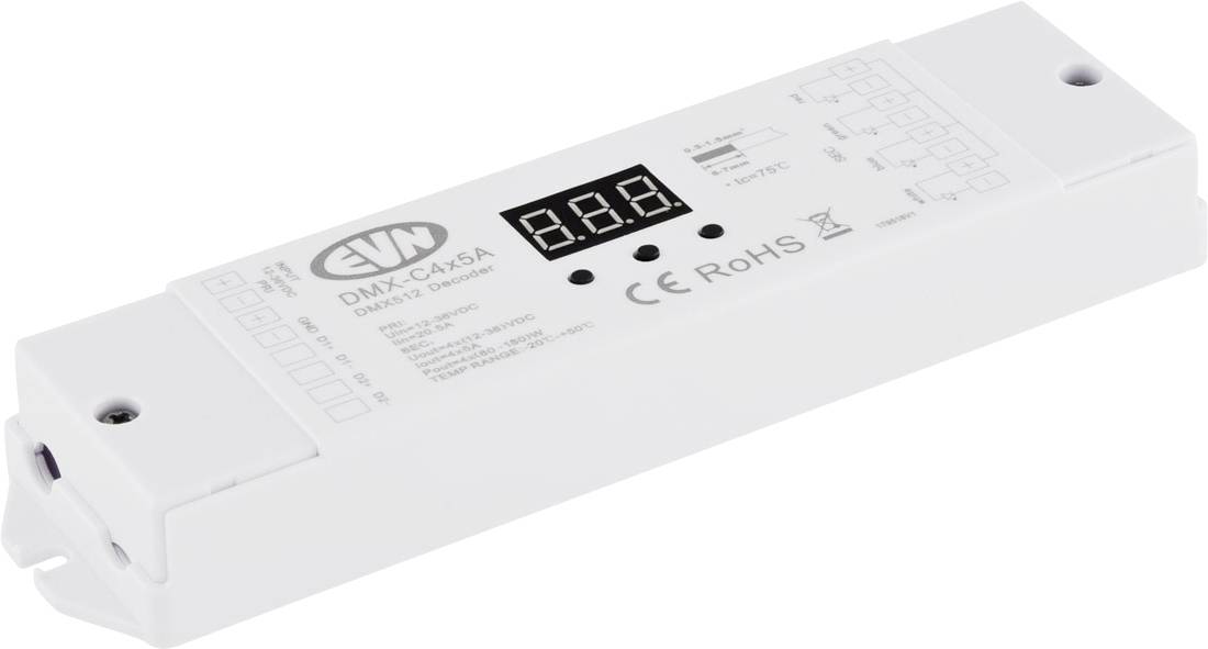Fehér DMX LED vezérlőmodul digitális 3-jegyű kijelzővel, "DMX-CAT5A" és "CE RoHS" felirattal.