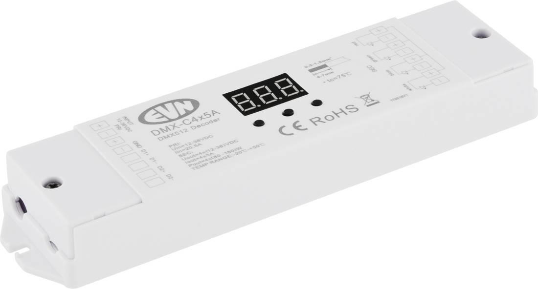 Fehér DMX LED vezérlő doboz digitális kijelzővel, a "DMX-C4SA" és "CE RoHS" jelöléssel, ferde termékképben megjelenítve.