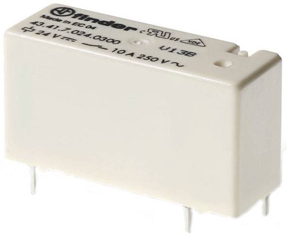 Egy fehér elektromos relé három csatlakozóérintkezővel, amelyen a 'Finder 10 A 250 V~ 24 V-' felirat szerepel.