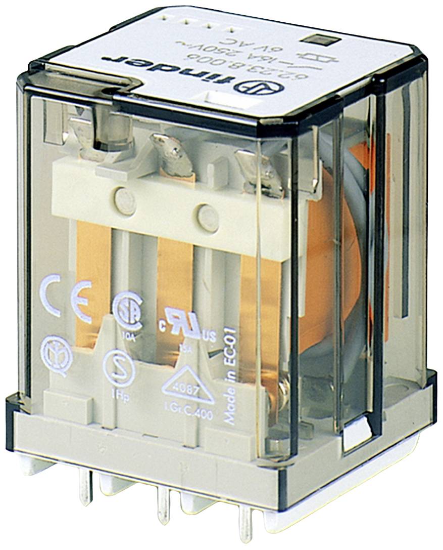 Egy Finder elektromechanikus relé, átlátszó házban, láthatóak benne a belső érintkezők és tekercsek. Alkalmas általános kapcsolási alkalmazásokhoz.