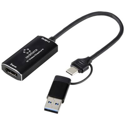 Egy fekete USB-videó-rögzítő adapter HDMI-bemenettel és USB-csatlakozóval, amelyet video- és audiójelek rögzítésére használnak.