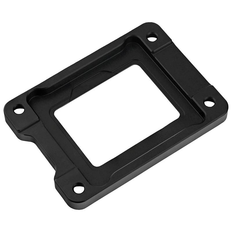 Fekete, téglalap alakú műanyag alkatrész csavarlyukakkal a sarkain, valószínűleg egy műszaki eszköz tartója vagy burkolata.