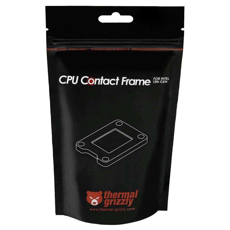A 'Thermal Grizzly' fekete csomagolásán látható a 'CPU Contact Frame Intel 13th Gen' felirat.