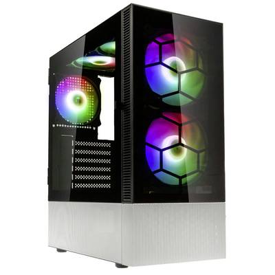 Egy számítógépház átlátszó oldalablakkal három színes RGB-ventilátort mutat az elején és egyet a hátulján.