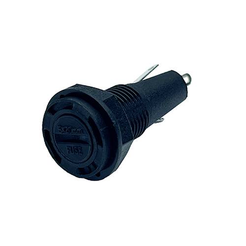 Egy fekete műanyag biztosítéktartó kerek kupakkal és a 'FUSE' felirattal.