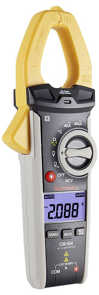 Egy digitális lakatfogós multiméter kijelzője '20,88'-at mutat. A készülék sárga fogóval rendelkezik és alkalmas 600 voltig terjedő mérésekre.
