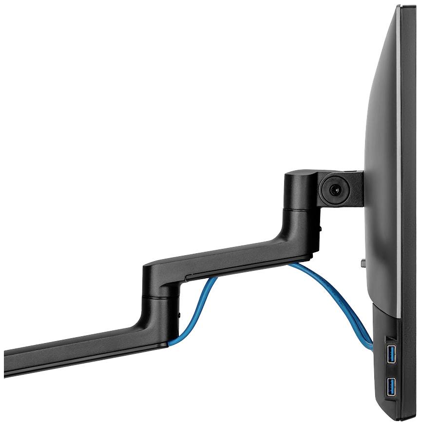 Egy számítógép-képernyő oldalnézete állítható monitorkarján, látható kábelekkel és USB-csatlakozókkal.