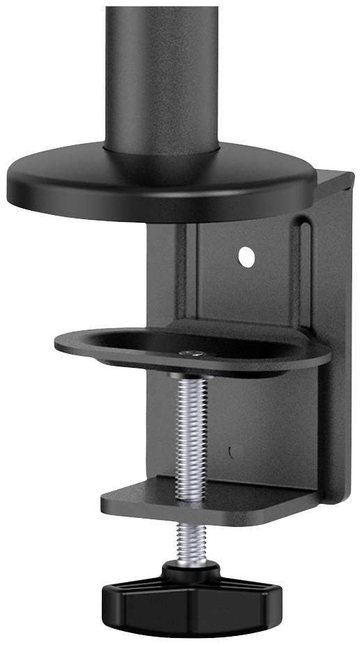 Egy fekete fém csavarbilincs, amely monitorok vagy lámpák rögzítésére szolgál asztalok vagy íróasztalok széléhez.