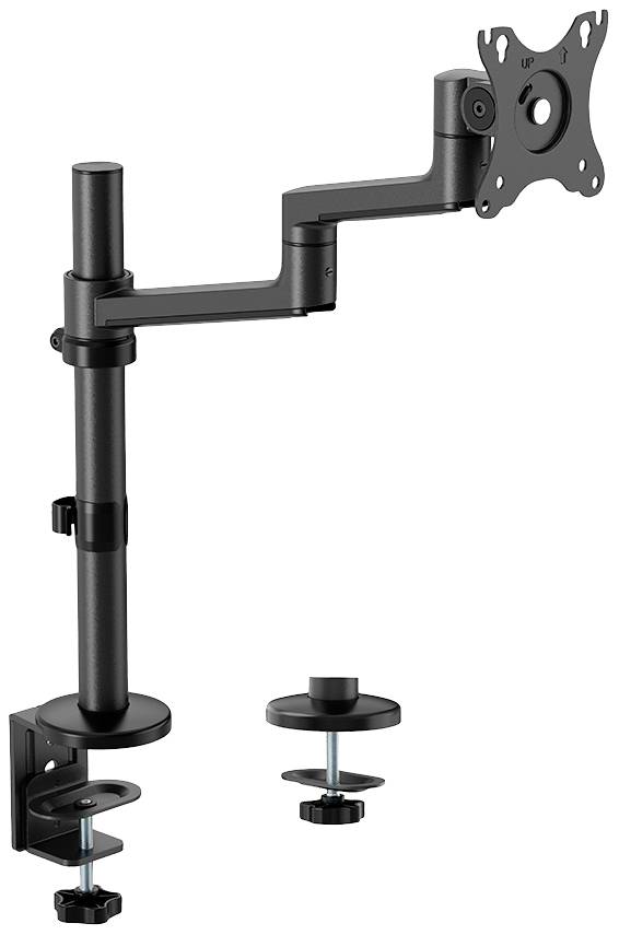 Fekete fém monitorállvány állítható karral és asztali szorítóval, amellyel rögzíthető az asztallaphoz.
