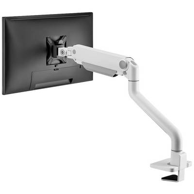 Egy fekete monitor egy fehér, forgatható monitorkarral van rögzítve egy asztalhoz.