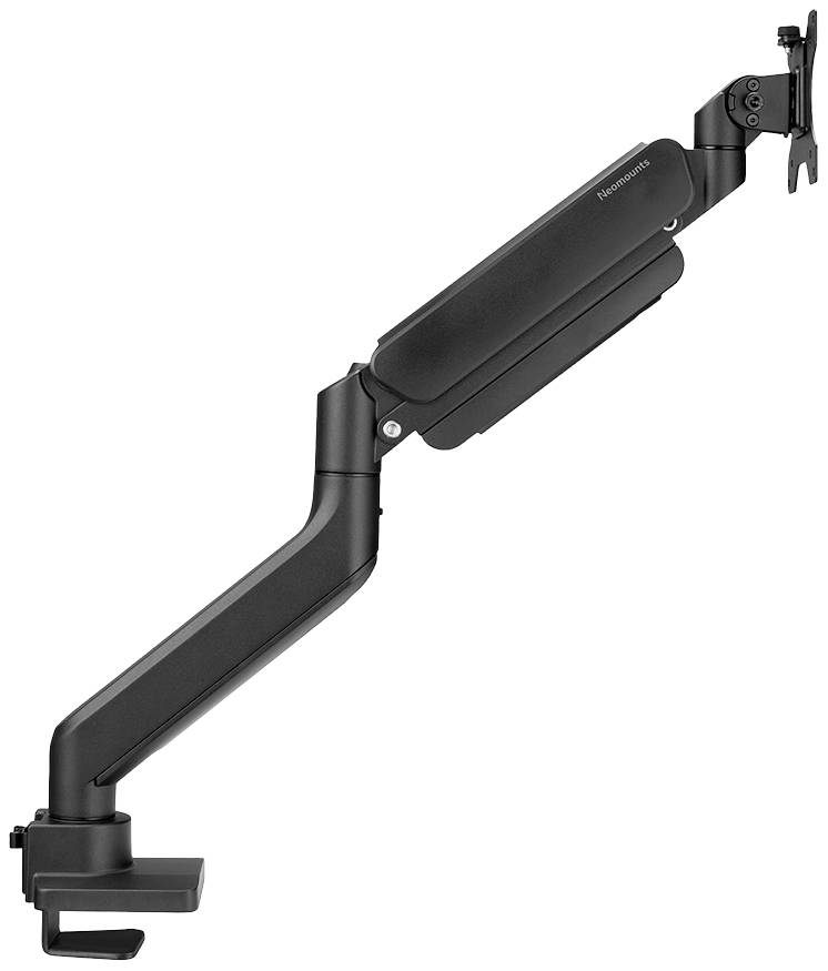 Egy fekete, állítható monitartó kar asztali rögzítéssel, ergonomikus munkaterületekhez alkalmas, monitor nélkül felszerelve.