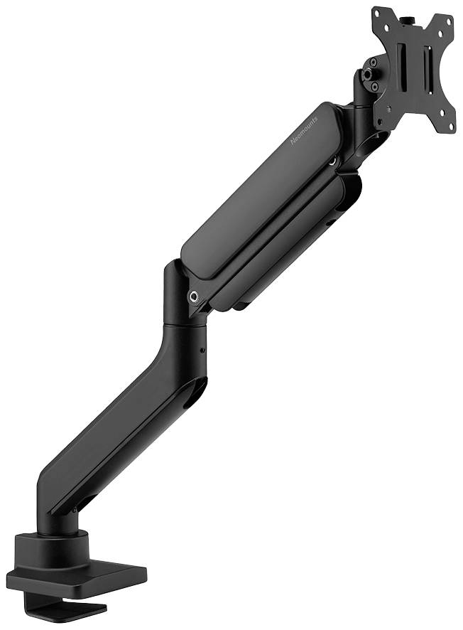 Egy állítható monitorkar fekete színben, amelyet egy asztal széléhez rögzítenek, egy monitor ergonomikus elhelyezésének támogatására.