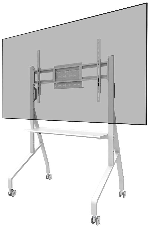 Egy nagy, mobil monitor egy görgős állványon. Az állvány magasságállítható tartóval és egy polccal rendelkezik.