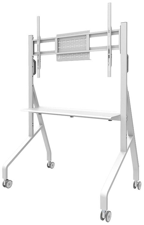 Egy mobil, fehér TV-állvány kerekeken, állítható magasságú tartóval és egy kisméretű polccal alatta.