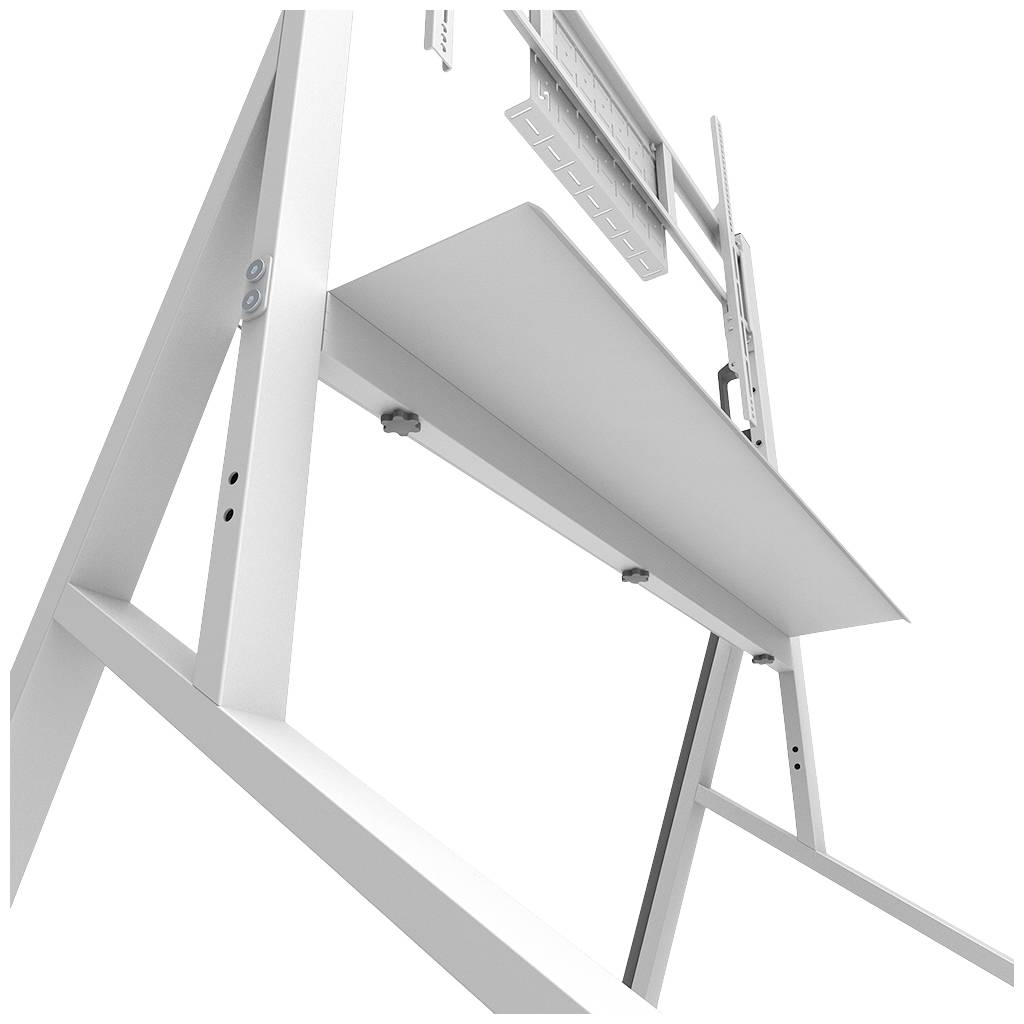 Magassági állítható íróasztal oldalnézetben fém kerettel és tárolófelülettel. Ergonomikus munkavégzésre alkalmas.