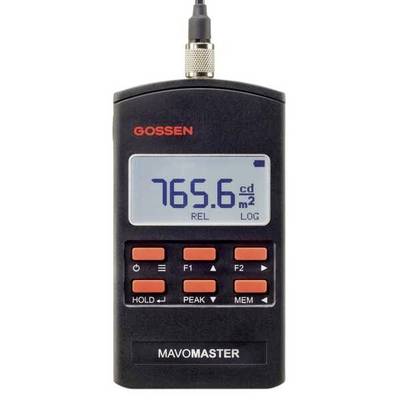 Egy digitális kézi mérőműszer LCD-kijelzőjén '765,6 cd/m²' érték látható. Piros funkciógombok vannak rajta, és egy kábellel van csatlakoztatva.