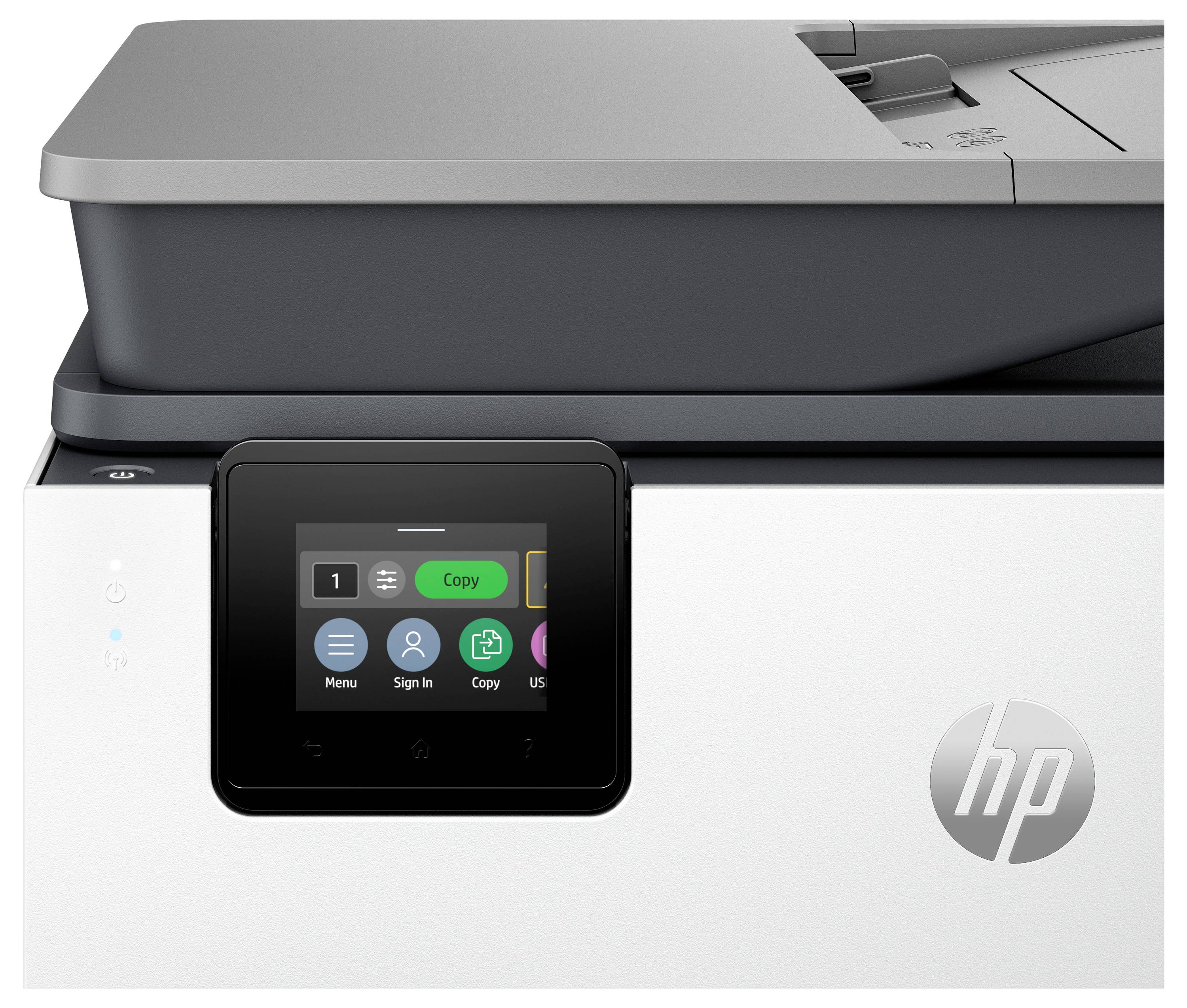HP nyomtató érintőképernyős vezérlőpanellel, másolási és bejelentkezési ikonokat megjelenítve, az eszköz frontális nézete.