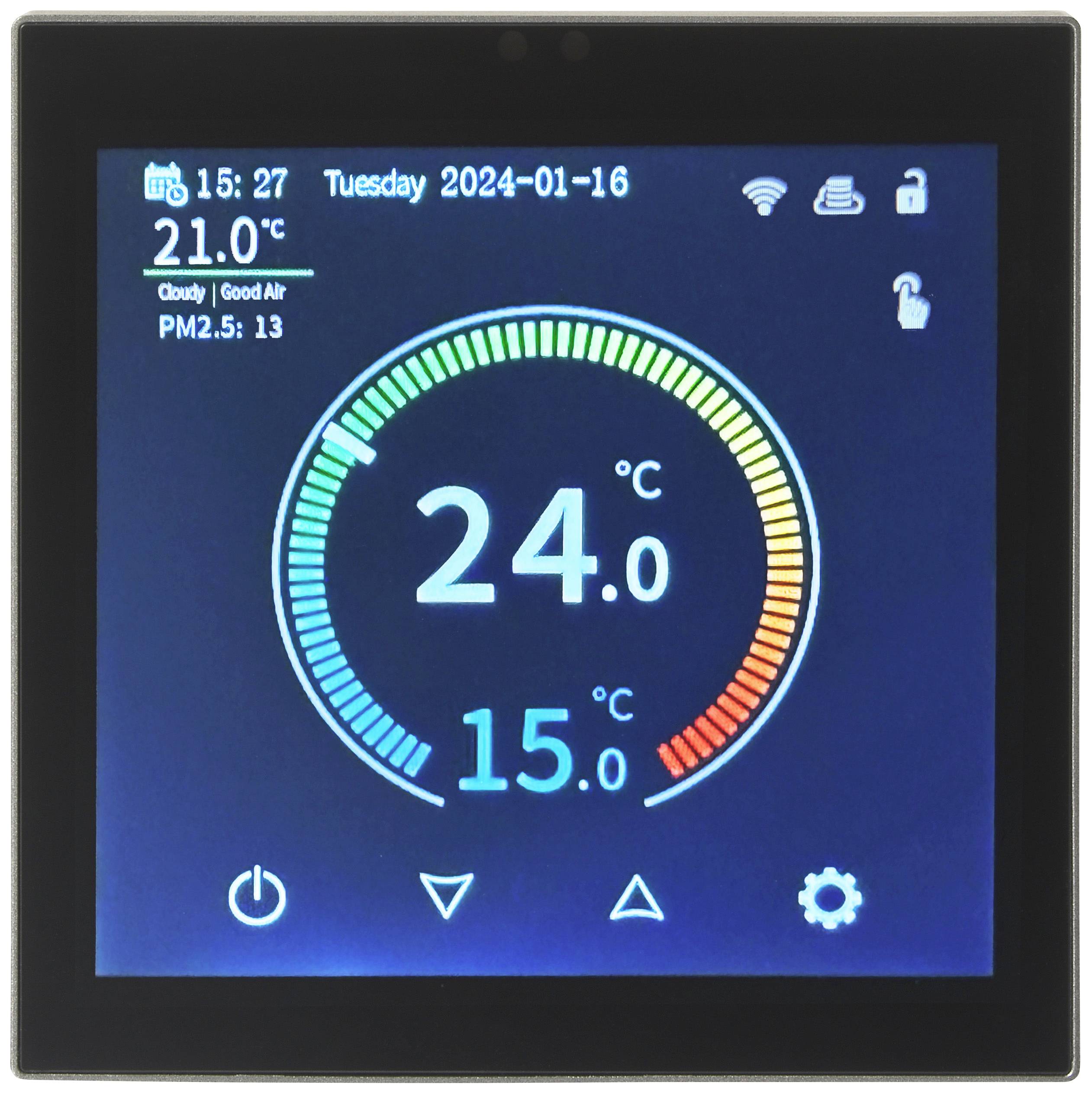Digitális kijelző: Kedd 2024-01-16, 15:27, hőmérséklet 24°C, levegőminőség jó, PM2,5: 13 µg/m³.