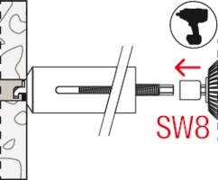 A diagram mutatja egy tipli beépítésének folyamatát egy falban; fúrógép szimbólum jobb felül, 'SW8' felirat a szerszám méretére utalva.