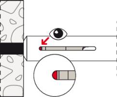 A diagram showing an eye slit with an arrow pointing to a red area. Indication of visual inspection or alignment.<br><br>A diagram mutat egy szemrést nyíllal, amely egy piros területre mutat. Utalás vizuális ellenőrzésre vagy beállításra.