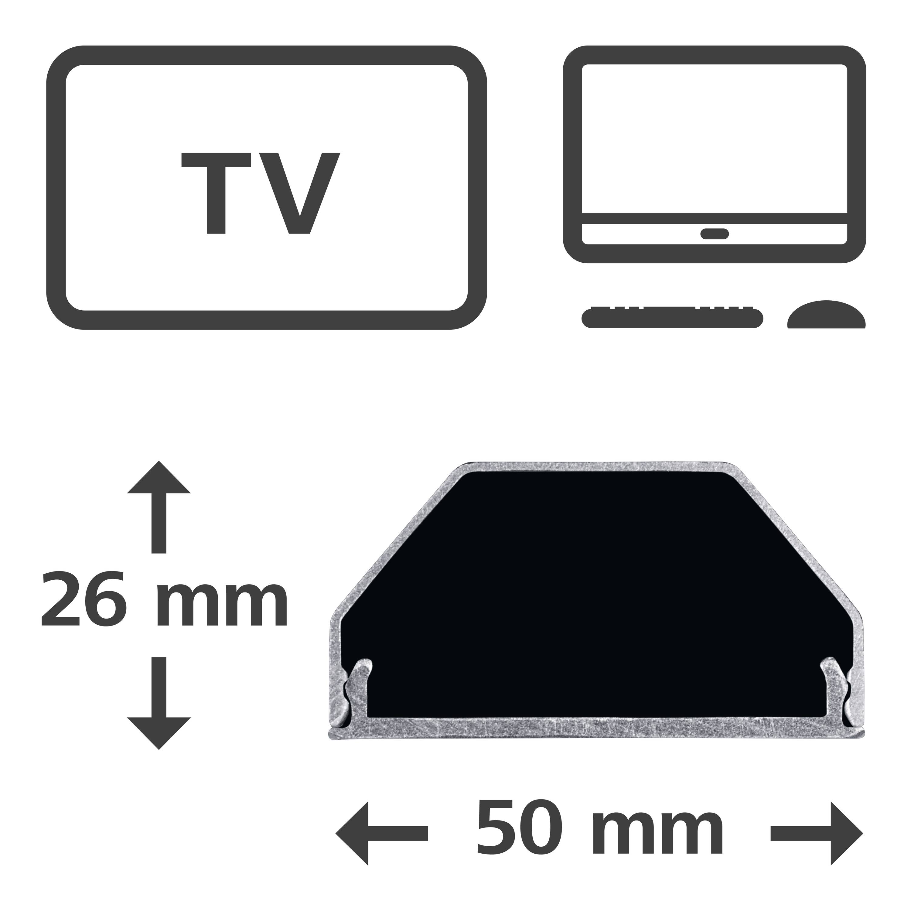 TV televíziókészülék egy gumiprofil méretei mellett: magasság 26 mm, szélesség 50 mm. Összehasonlítást mutat a TV mérete és a profilméret között.