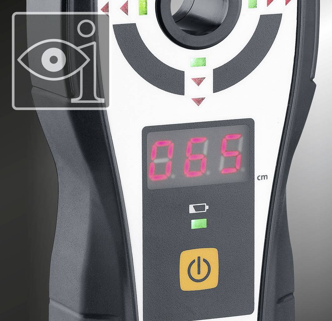 Egy digitális mérőkészülék kijelzőjén '065 cm' látható, alatta egy akkumulátor-jelző és egy be-/kikapcsoló gomb található.