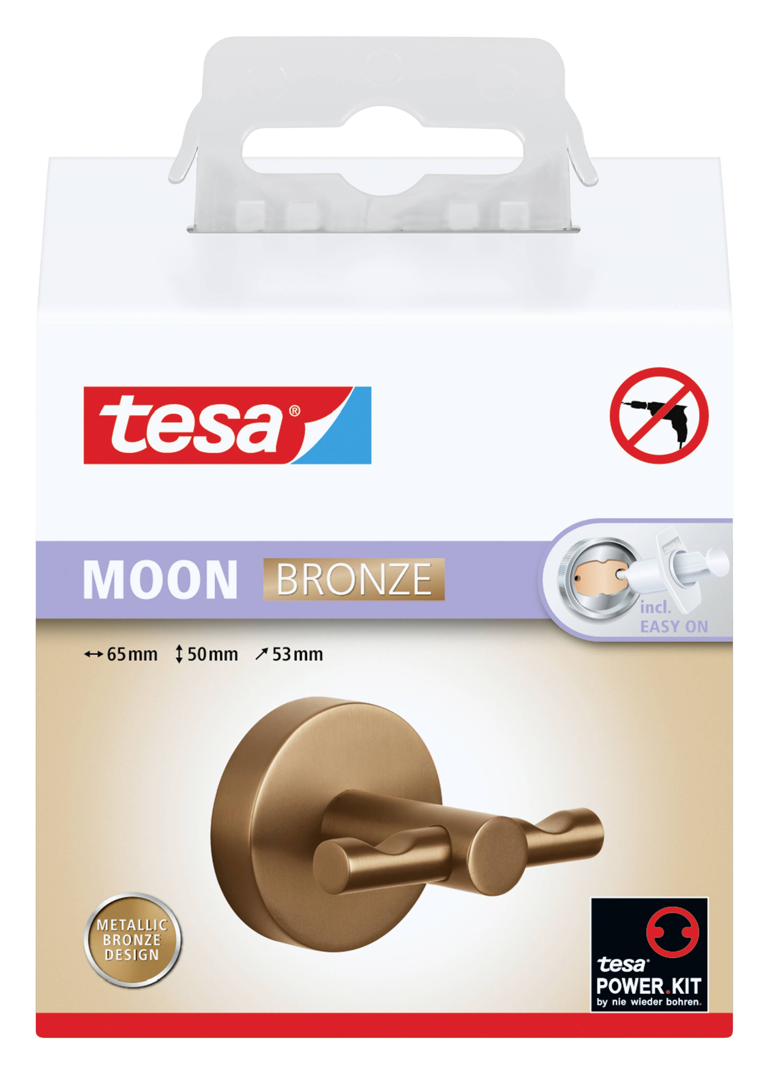 Bronz 'MOON' akasztóhorog szett, fehér Tesa-logós dobozban csomagolva. Egyszerű felszerelést biztosító Power.Kit-technológiával.