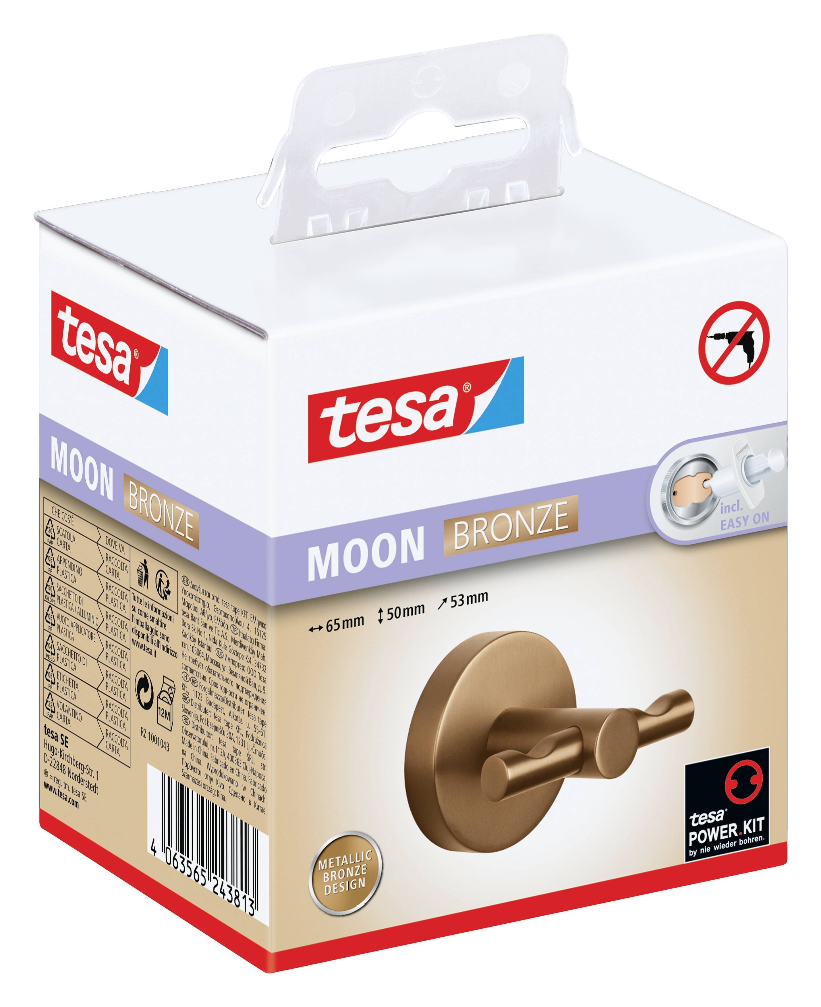 A TESA bronz ajtófogas 'Moon' modell, fúrás nélkül felszerelhető, a fogas képével és szerelési útmutatójával ellátott csomagolás.