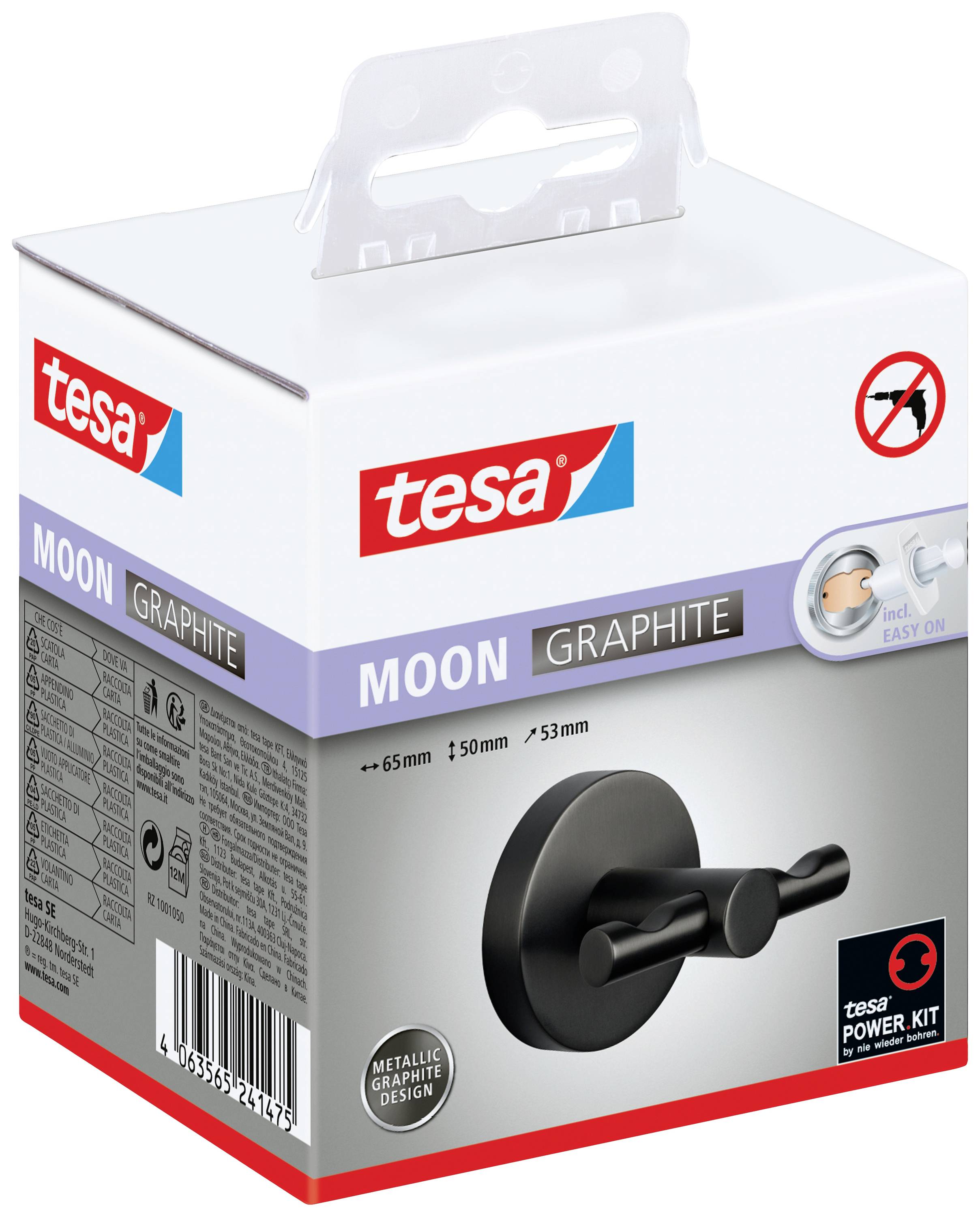 A tesa 'MOON GRAPHITE' típusú fali tartó csomagolása fekete színben, fém hatású kivitelben. Tartalmazza az 'Egyszerű felhelyezés/eltávolítás' technológiát.