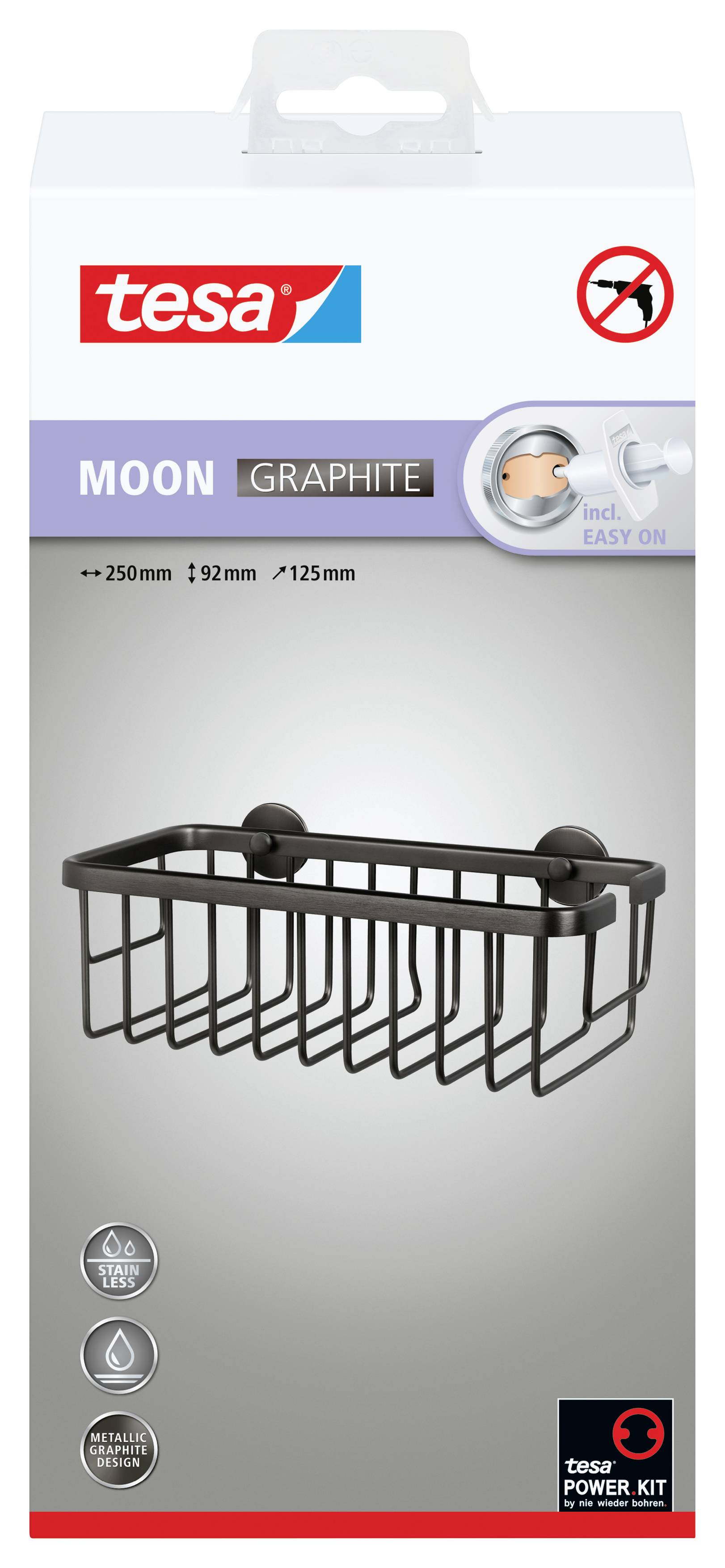 'A tesa MOON GRAPHITE zuhanytartó csomagolása. Fekete, méretei 250 x 92 x 125 mm. Tartalmazza a tesa POWER.KIT rögzítőeszközt.'