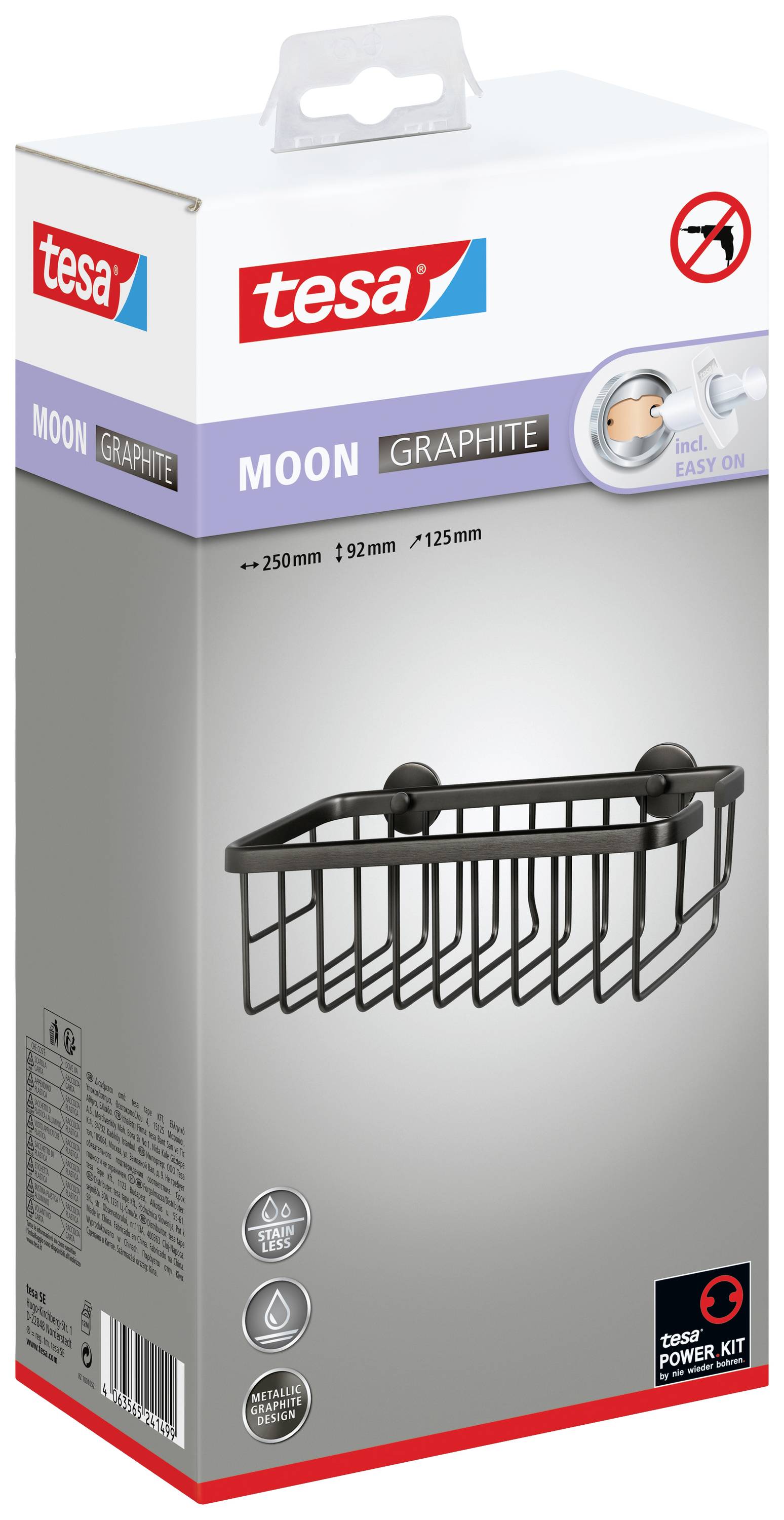 tesa MOON GRAPHITE zuhanypolc csomagolása. Méret: 250mm x 92mm x 125mm, nem igényel fúrást, grafitszürke szín.