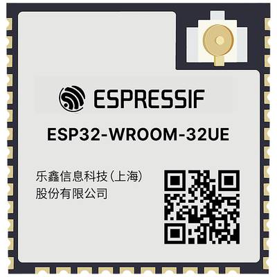 Egy 'ESPRESSIF ESP32-WROOM-32UE' feliratú modul. Bal felső sarokban egy logó látható. Jobb alsó sarokban egy QR-kód helyezkedik el.