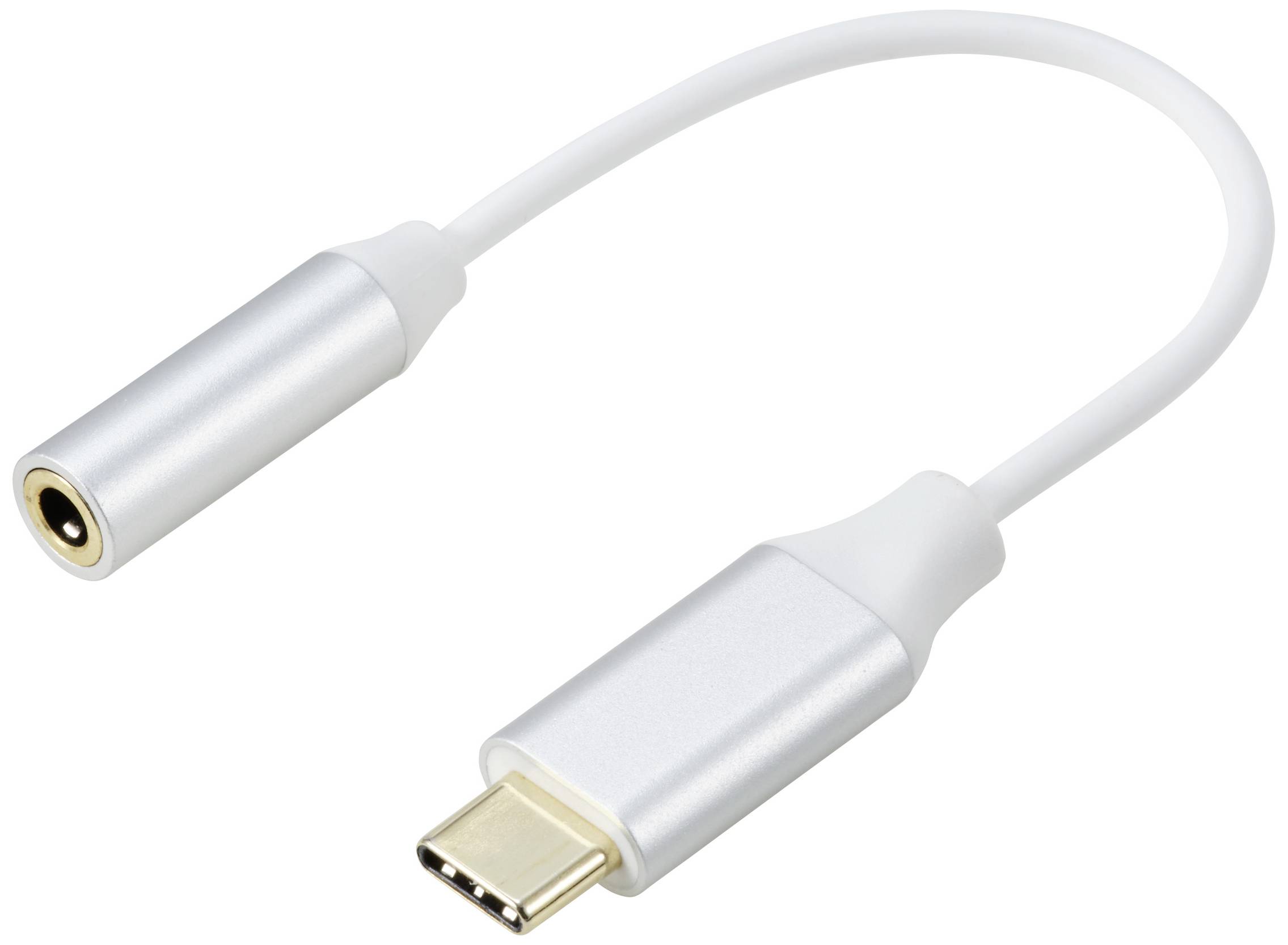 Egy ezüst USB-C-höz csatlakoztatható fülhallgató-adapter fehér háttér előtt.
