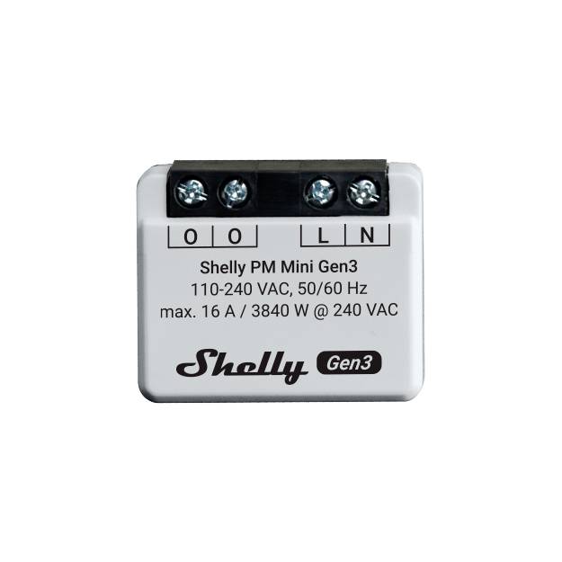 Egy Shelly PM Mini Gen3 eszköz csatlakozókkal vezetékes kapcsolatokhoz. A címke feszültséget és áramerősséget mutat: '110-240 VAC, 50/60 Hz, max. 16 A / 3840 W @ 240 VAC'.