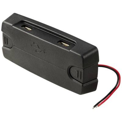 Fekete akkumulátortartó két USB-csatlakozóval és két kiálló kábellel, az egyik piros, a másik fekete.