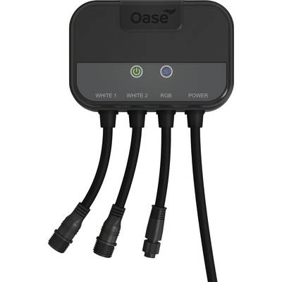 'Oase' márkajelzésű elektromos vezérlő bekapcsológombbal, Wi-Fi jelzőfénnyel és négy kimeneti porttal, amelyek a következőképpen vannak feliratozva: 'Fehér 1', 'Fehér 2', 'RGB' és 'Tápellátás'.