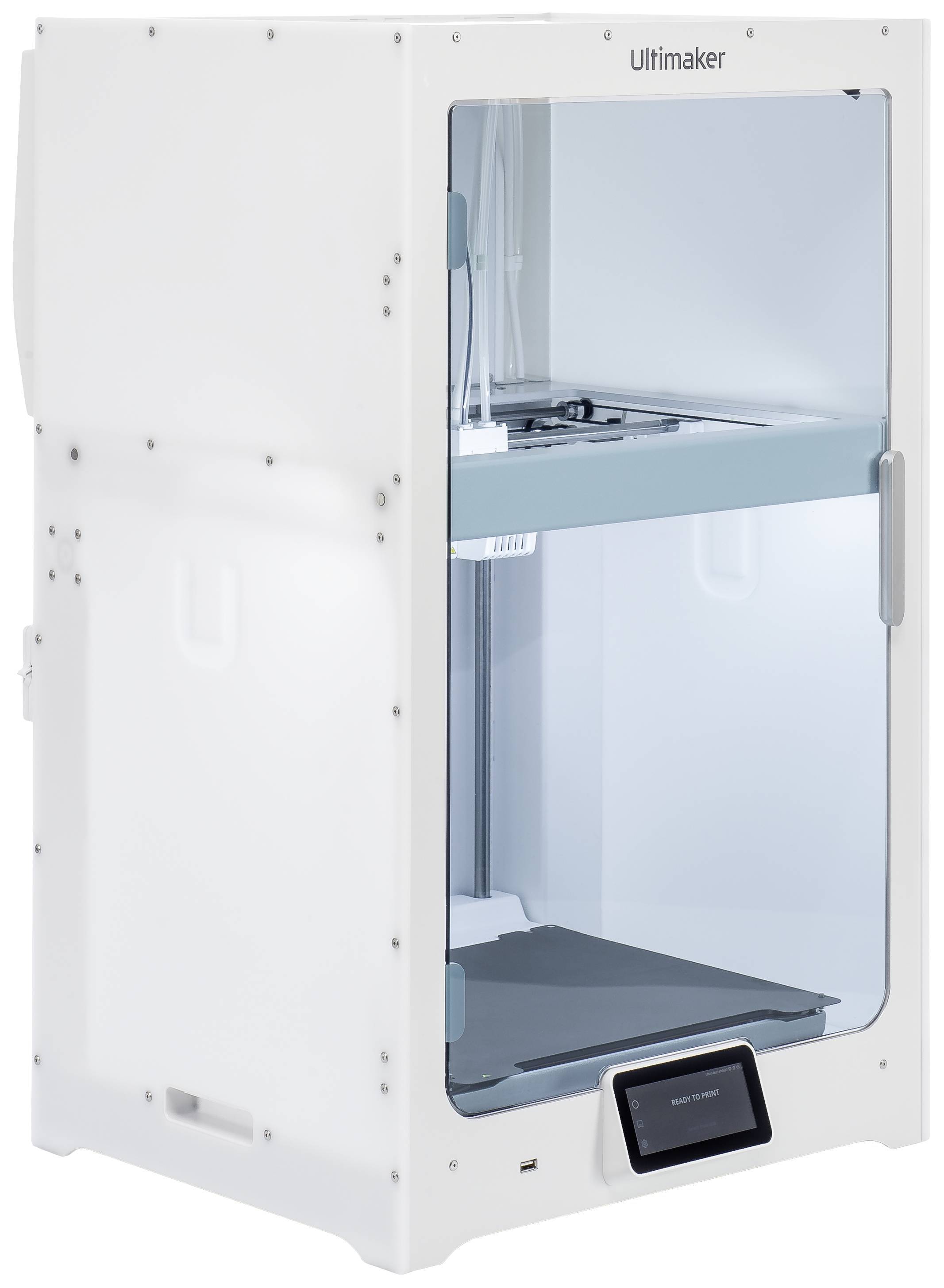 Fehér házban lévő Ultimaker 3D-nyomtató, átlátszó előlappal és a kezelőpanellel lent a jobb oldalon, amely alkalmas precíziós 3D nyomtatásra.