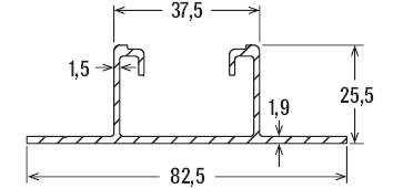 Műszaki rajz egy alkatrész keresztmetszetéről méretmegadással: szélesség 82,5 mm, magasság 25,5 mm, belső távolságok 37,5 mm, vastagság 1,5 mm.