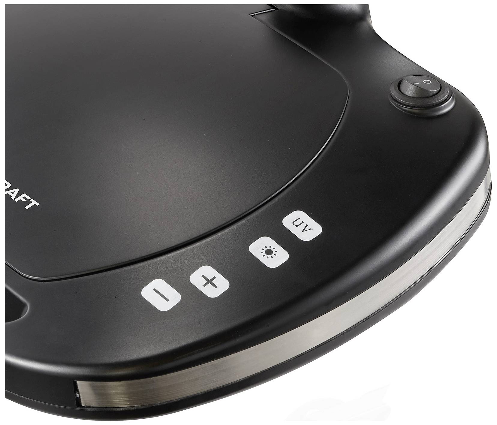 Fekete eszköz megvilágított gombokkal. Gombok: 'I', '+', UV-szimbólum és fogaskerék szimbólum. Kapcsoló a jobb felső sarokban.