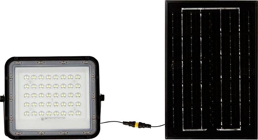 Egy LED-reflektor napelem panellel van összekötve egy kábel segítségével. A reflektor 40 LED-et tartalmaz és kültéri világításra alkalmas.