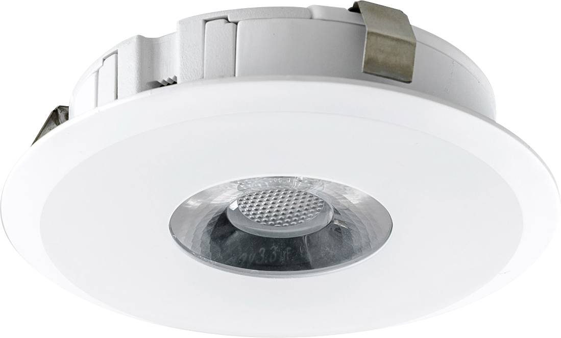 Fehér beépített LED süllyesztett lámpatest kerek kerettel és központi lencsével, alulról fehér háttéren megjelenítve.