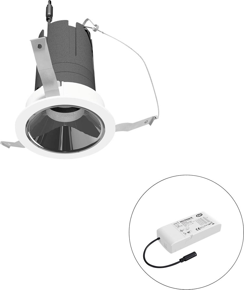 Beépített LED süllyesztett lámpatest fehér kerettel és fekete házban, körös betétben külön meghajtóegységgel megjelenítve.